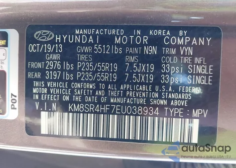 2014 Hyundai Santa Fe Limited z USA, uszkodzony, nr VIN KM8SR4HF7EU038934